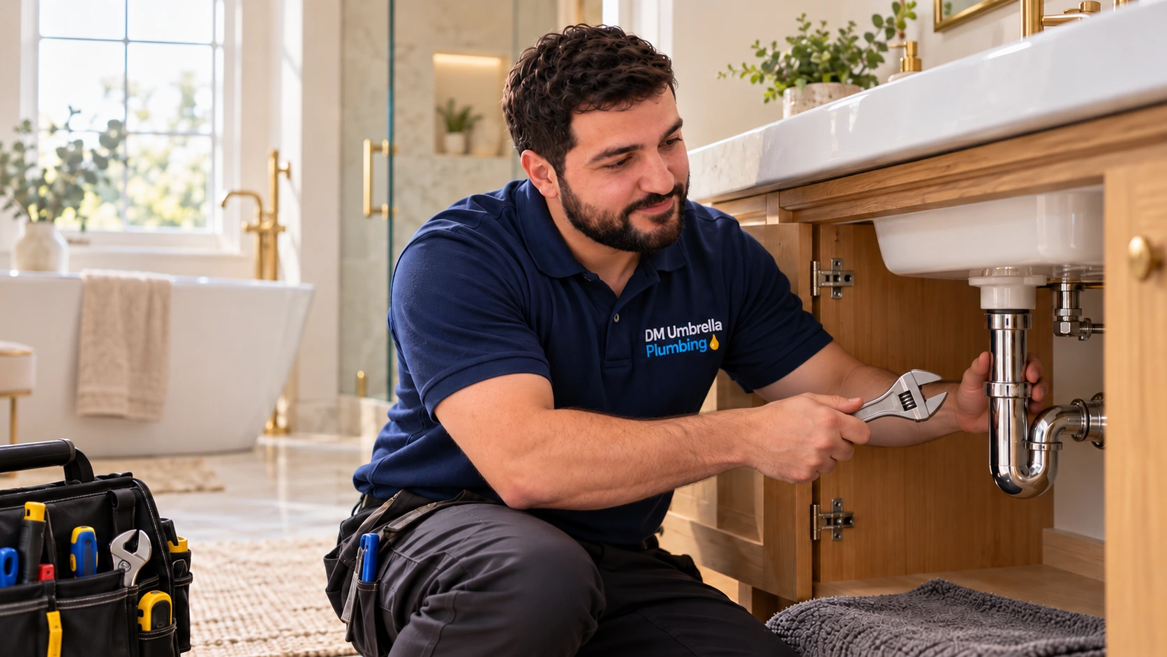 David repairing pipework beneath a bathroom sink