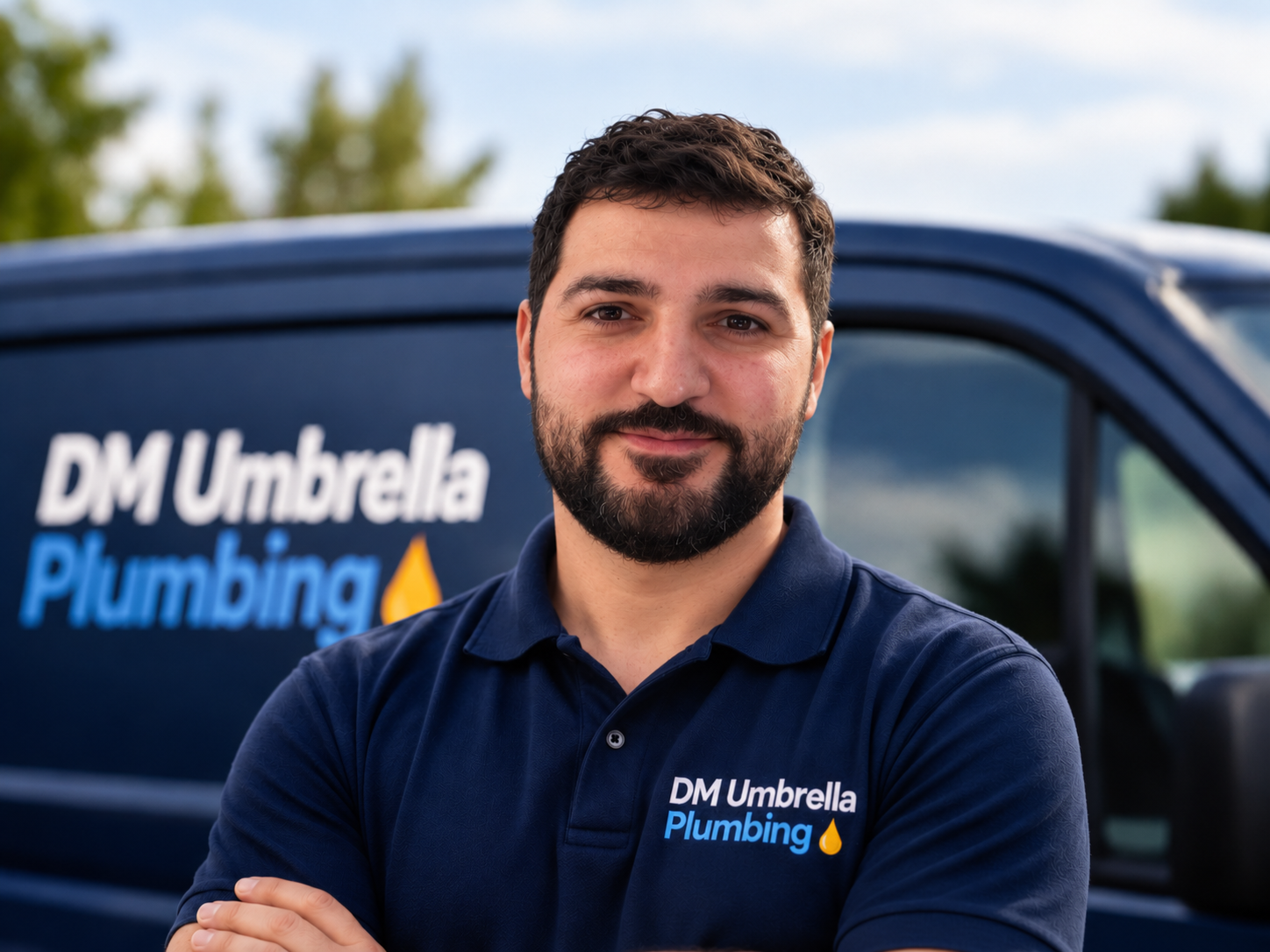 David, the plumber behind DM Umbrella Plumbing, beside his work van