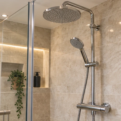 chrome shower fittings in a glass enclosure with warm stone tiles