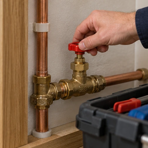 domestic water stopcock and copper pipework being turned off