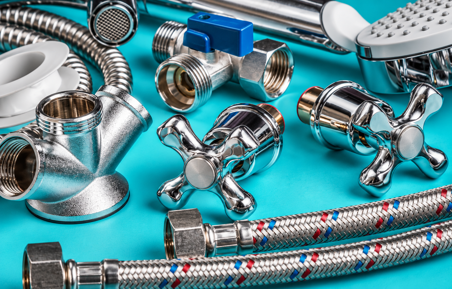 Chrome plumbing fittings and braided supply hoses arranged on a turquoise surface