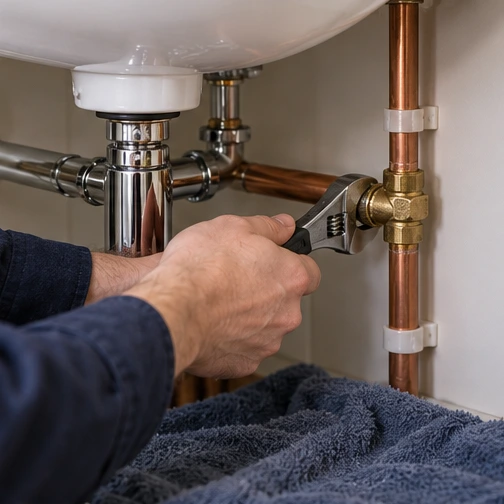 plumbing repair to a copper pipe connection beneath a sink