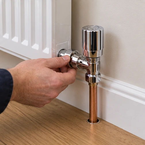 a plumber fitting a radiator valve to a white panel radiator