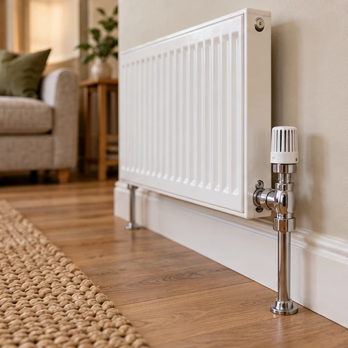 white panel radiator with a chrome thermostatic valve in a living room