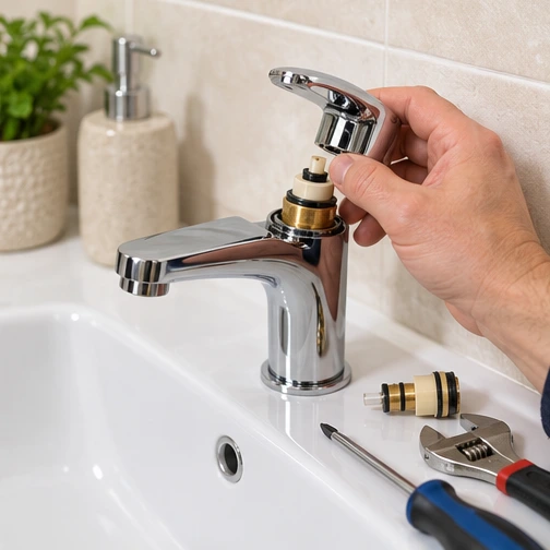 a plumber replacing a cartridge in a basin mixer tap