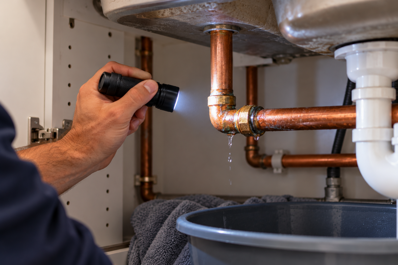 A torch illuminating a leaking copper pipe beneath a sink